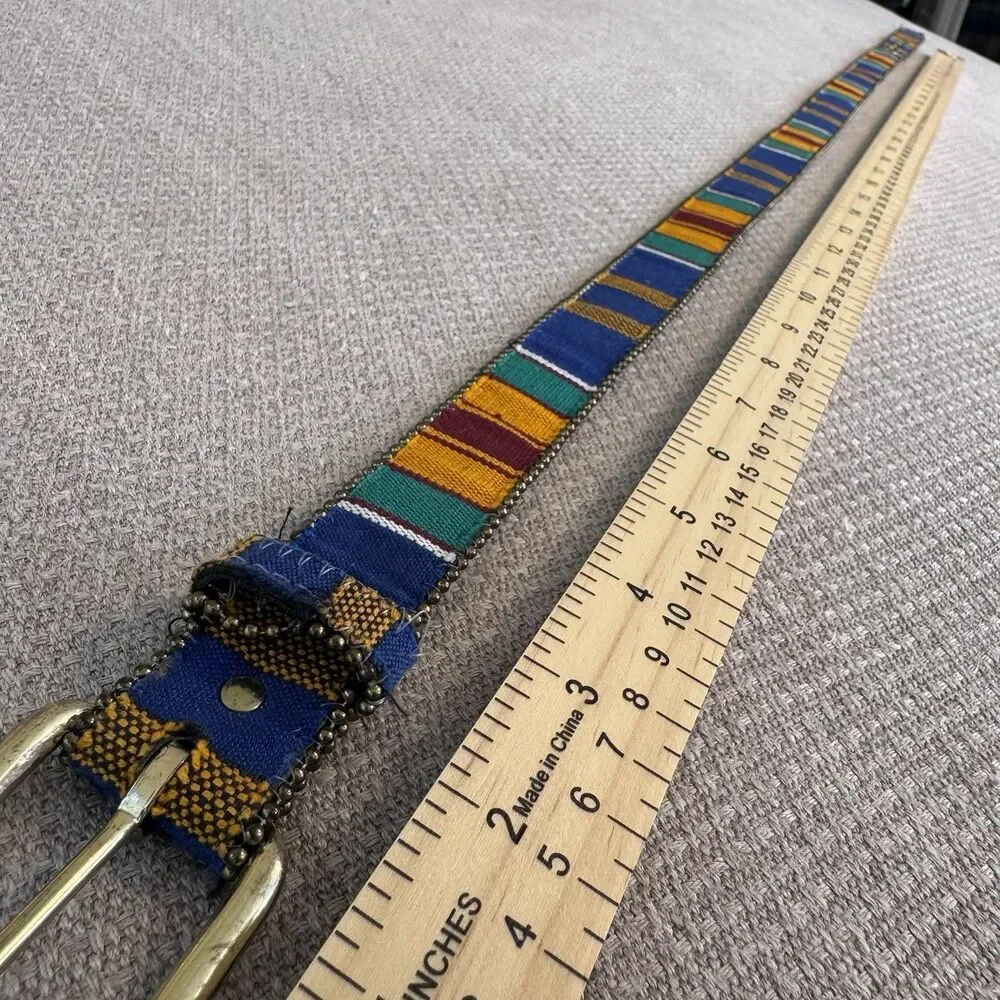Vintage Guatemalan Handwoven Fabric & Leather Belt – Boho Southwestern Style 546